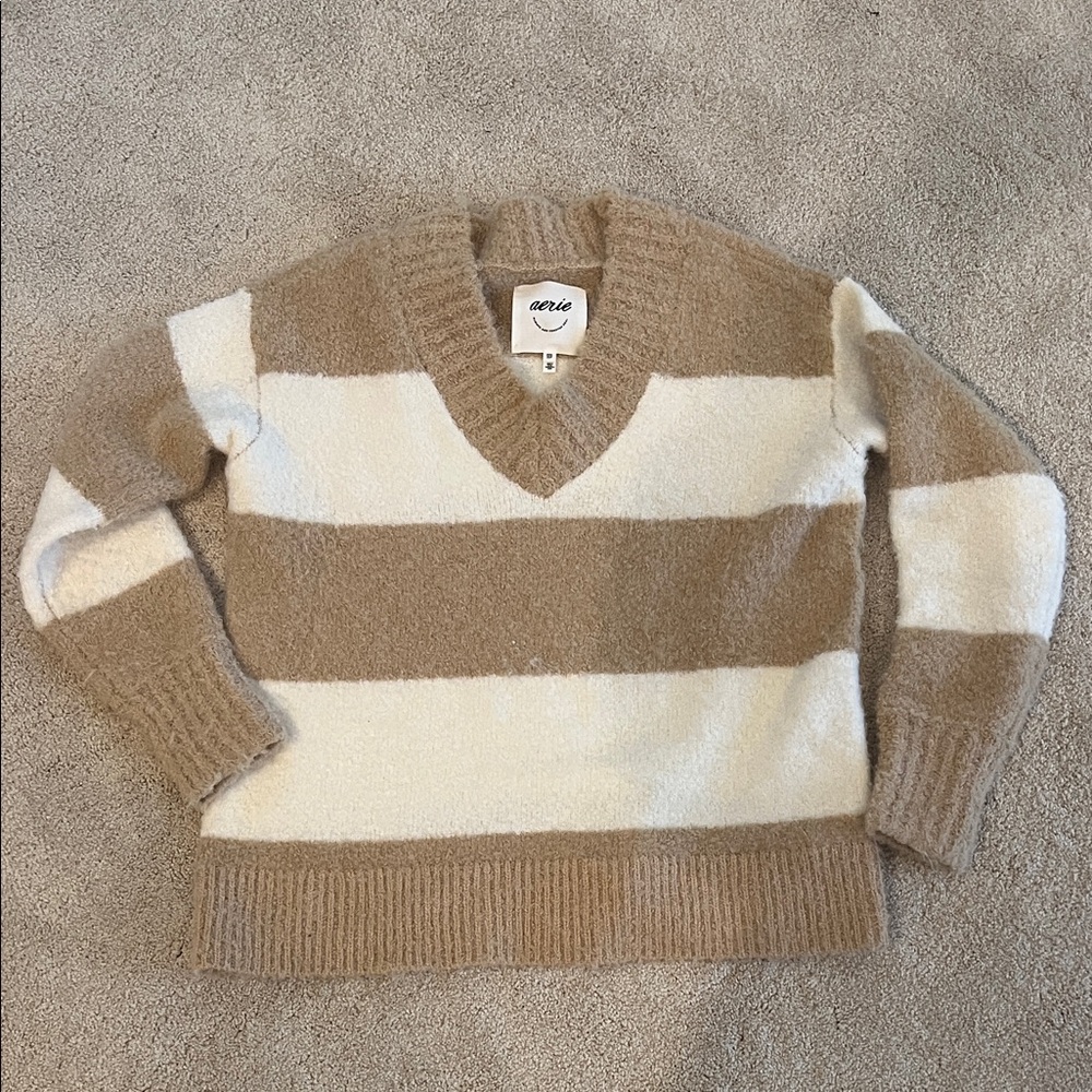 Aerie Cozy Cream and Tan Knit Sweater